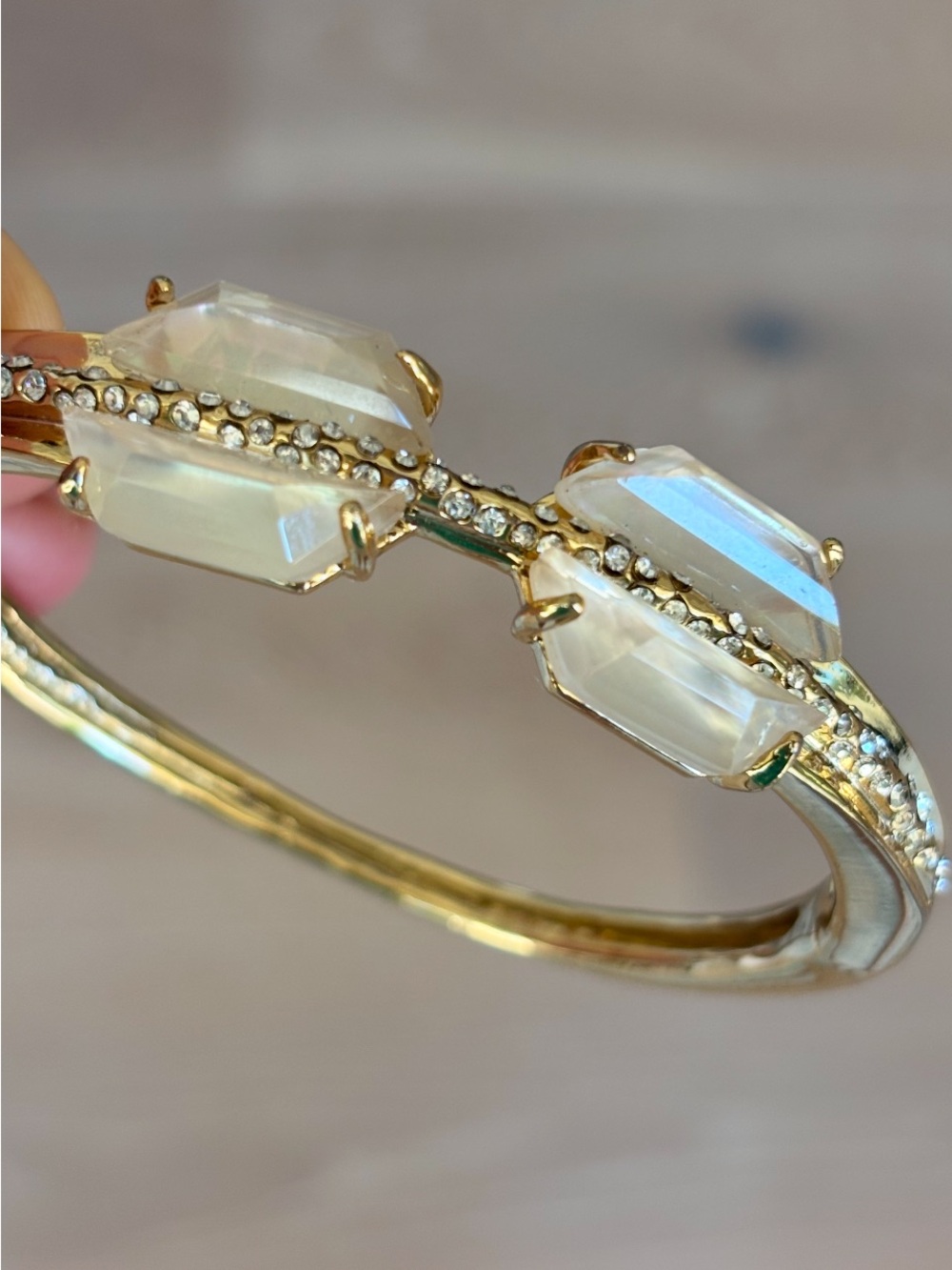 Alexis Bittar Gold Hinged Bracelet Opalescent Mother of Pearl Swarovski Crystals